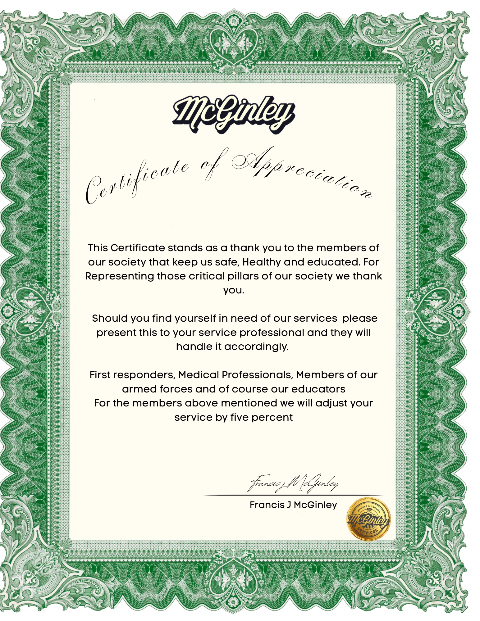 Certification of Appreciation